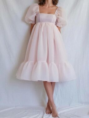 SELKIE Organza French Puff Midi Dress, Peach Skin, Small